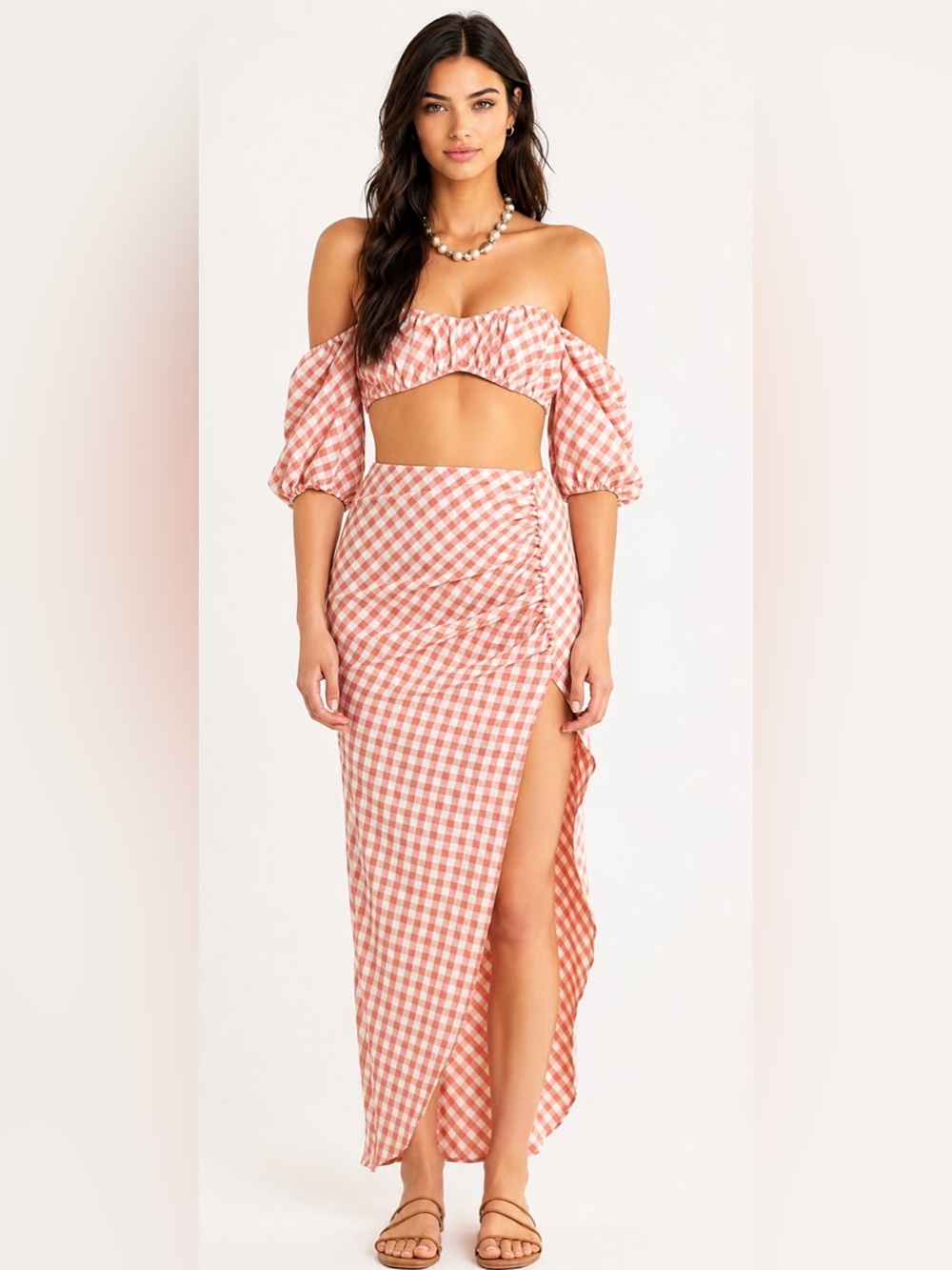 NWT Rumer Bisou Ruched Gingham Maxi Skirt Coral White Size Small